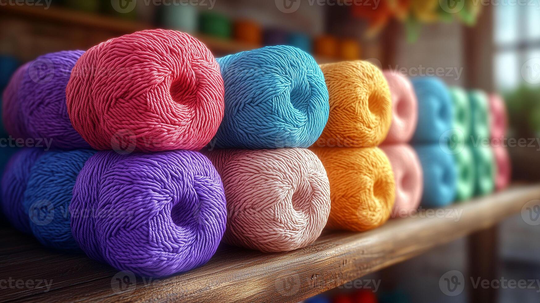 Colorful yarns on a shelf photo