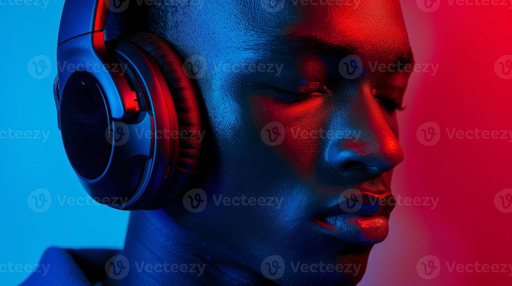 A man wearing headphones in front of a red and blue background photo