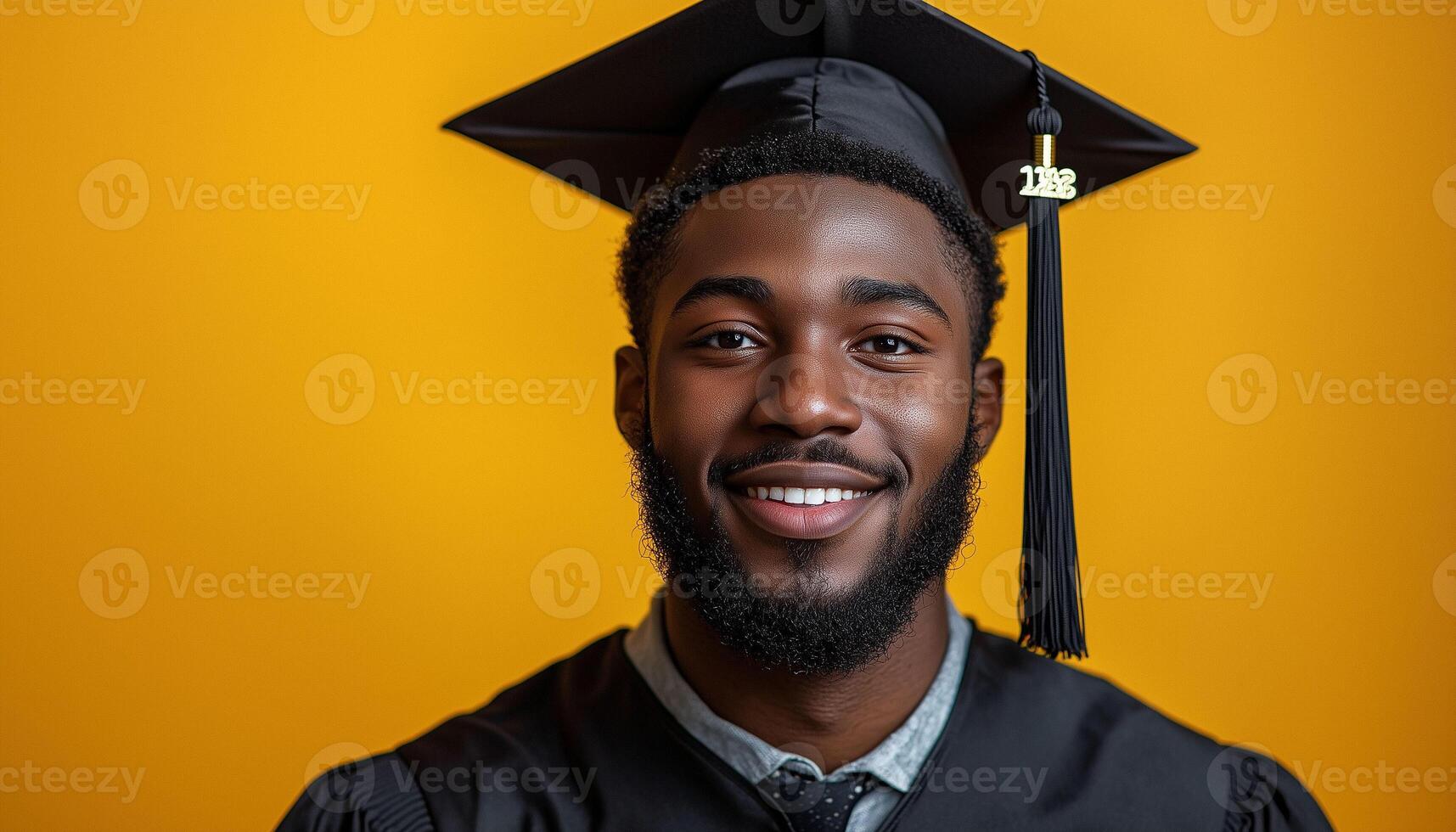 A black man in a graduation cap and gown photo