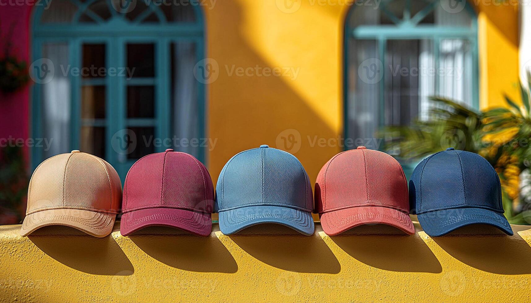 Five hats lined up on a wall photo