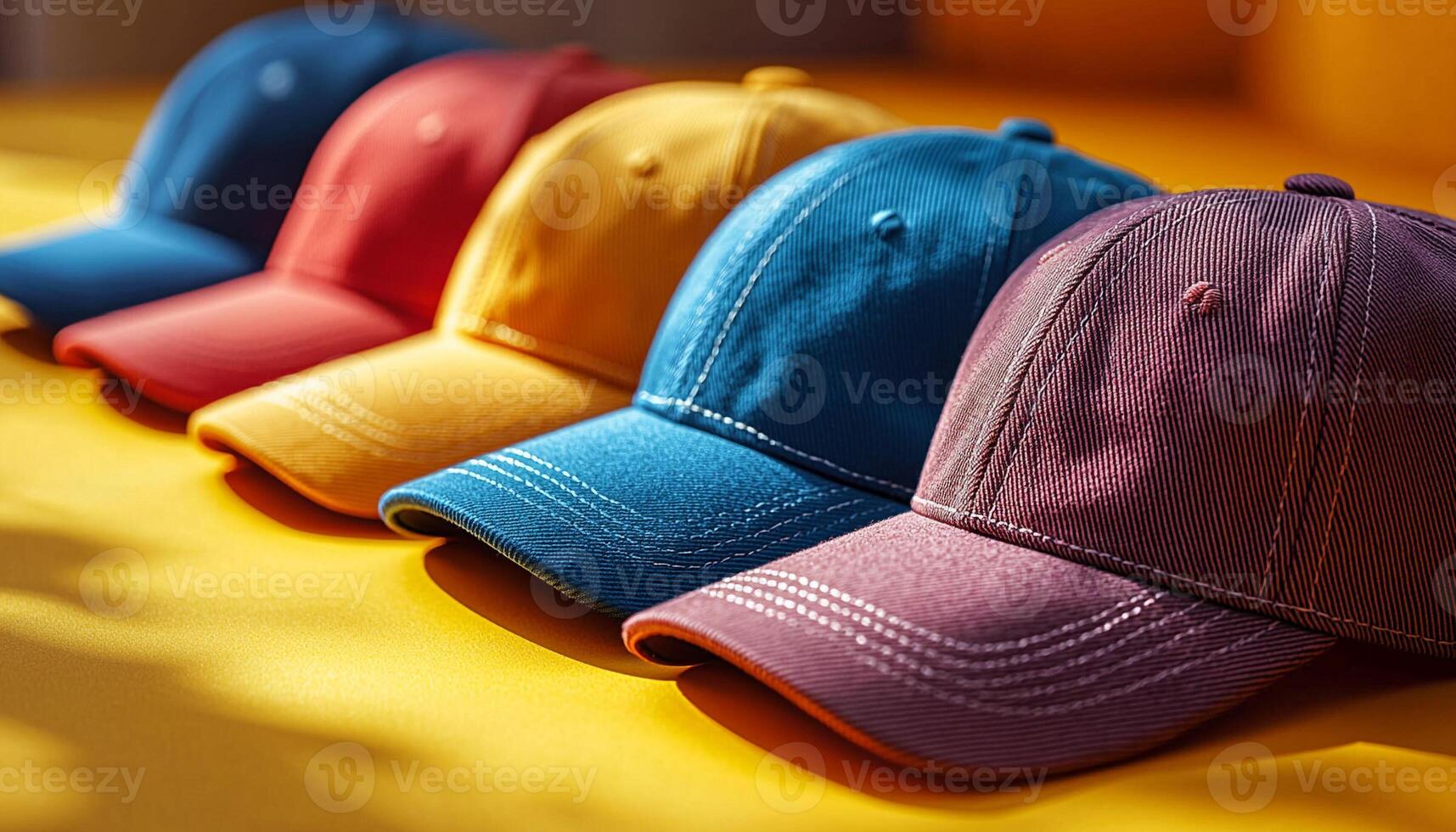 Five different colored baseball caps on a yellow background photo
