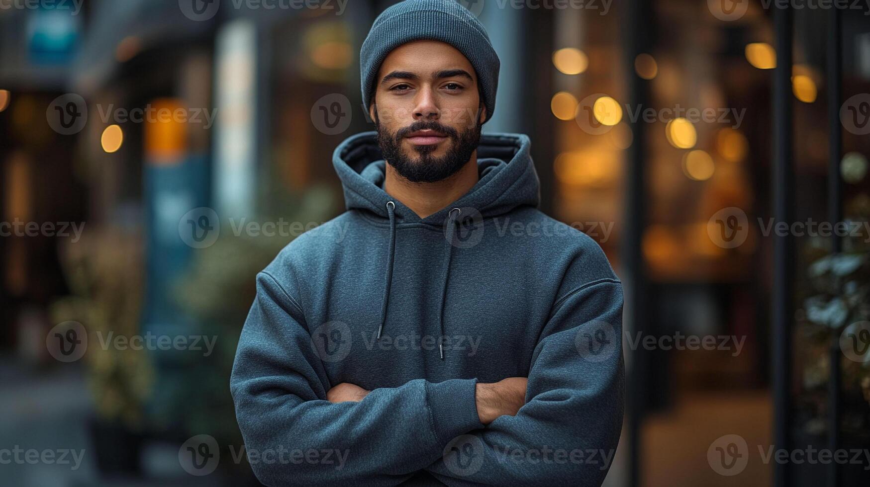 A man in a hoodie standing in front of a store photo