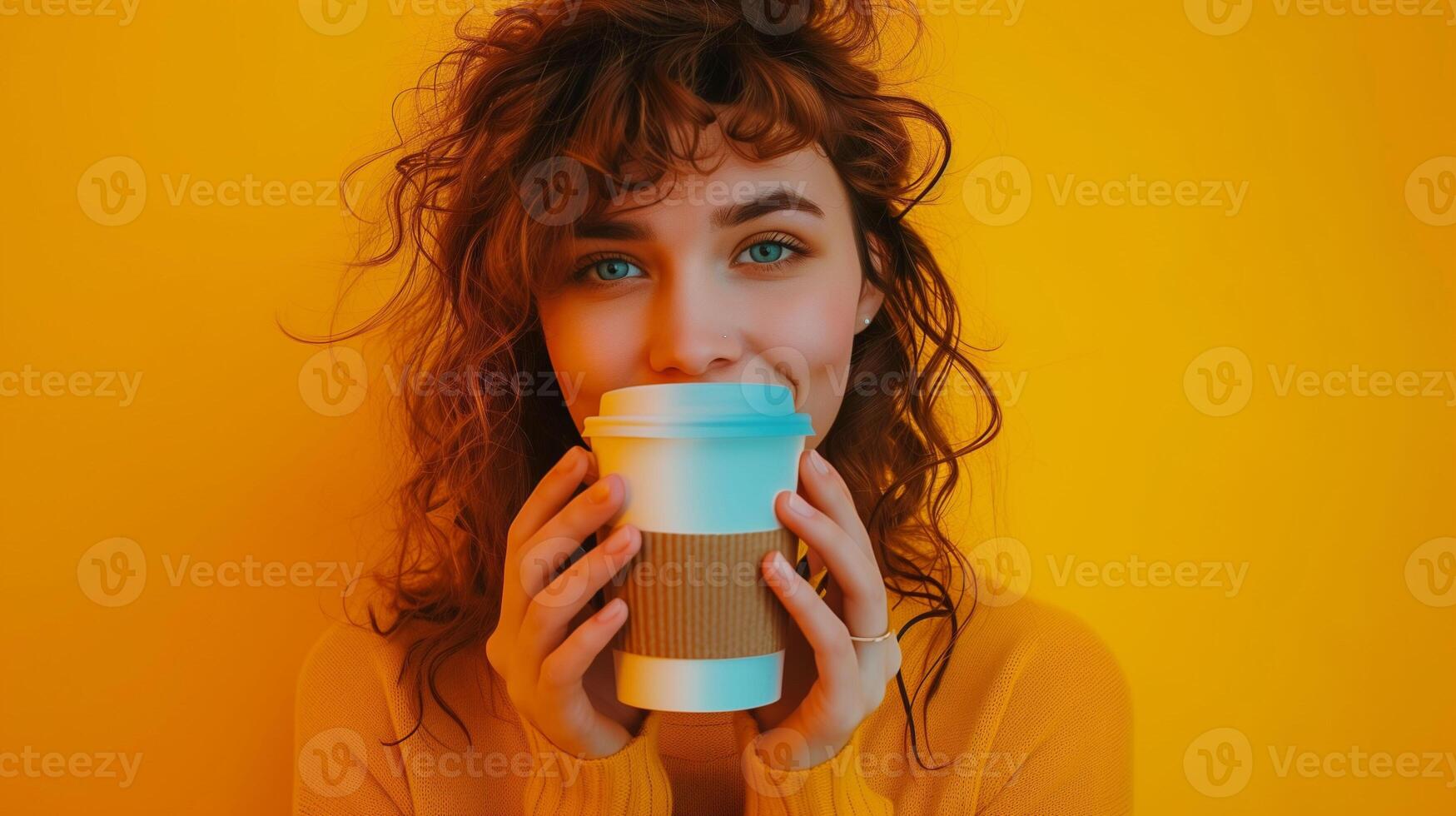 A woman holding a coffee cup in front of her face photo