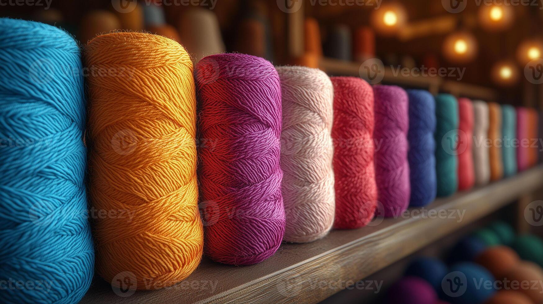 Colorful yarns on a shelf in a yarn shop photo