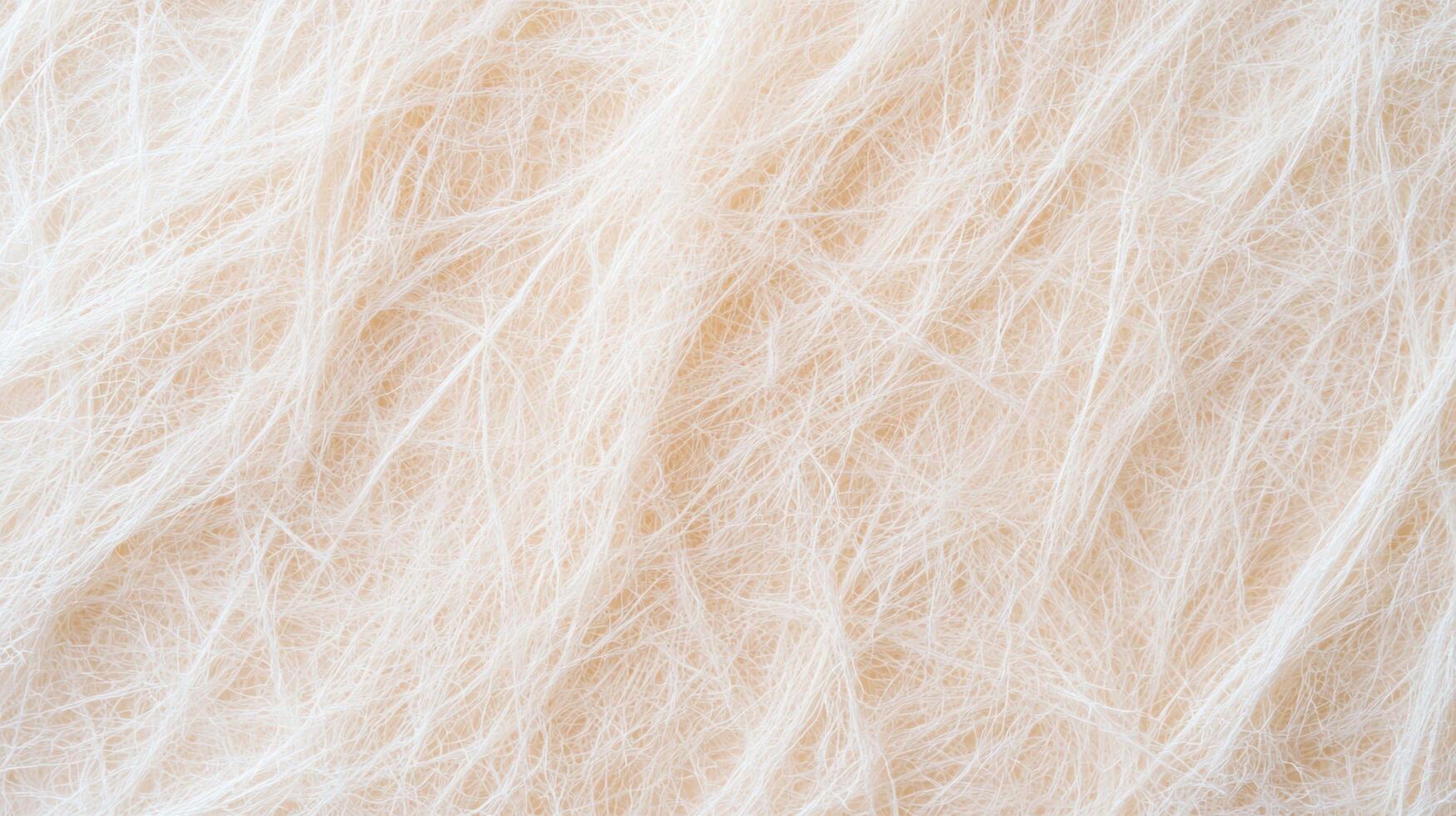 Close up of soft white fiber texture showing delicate interwoven threads in a light and airy composition with subtle warm tones. photo