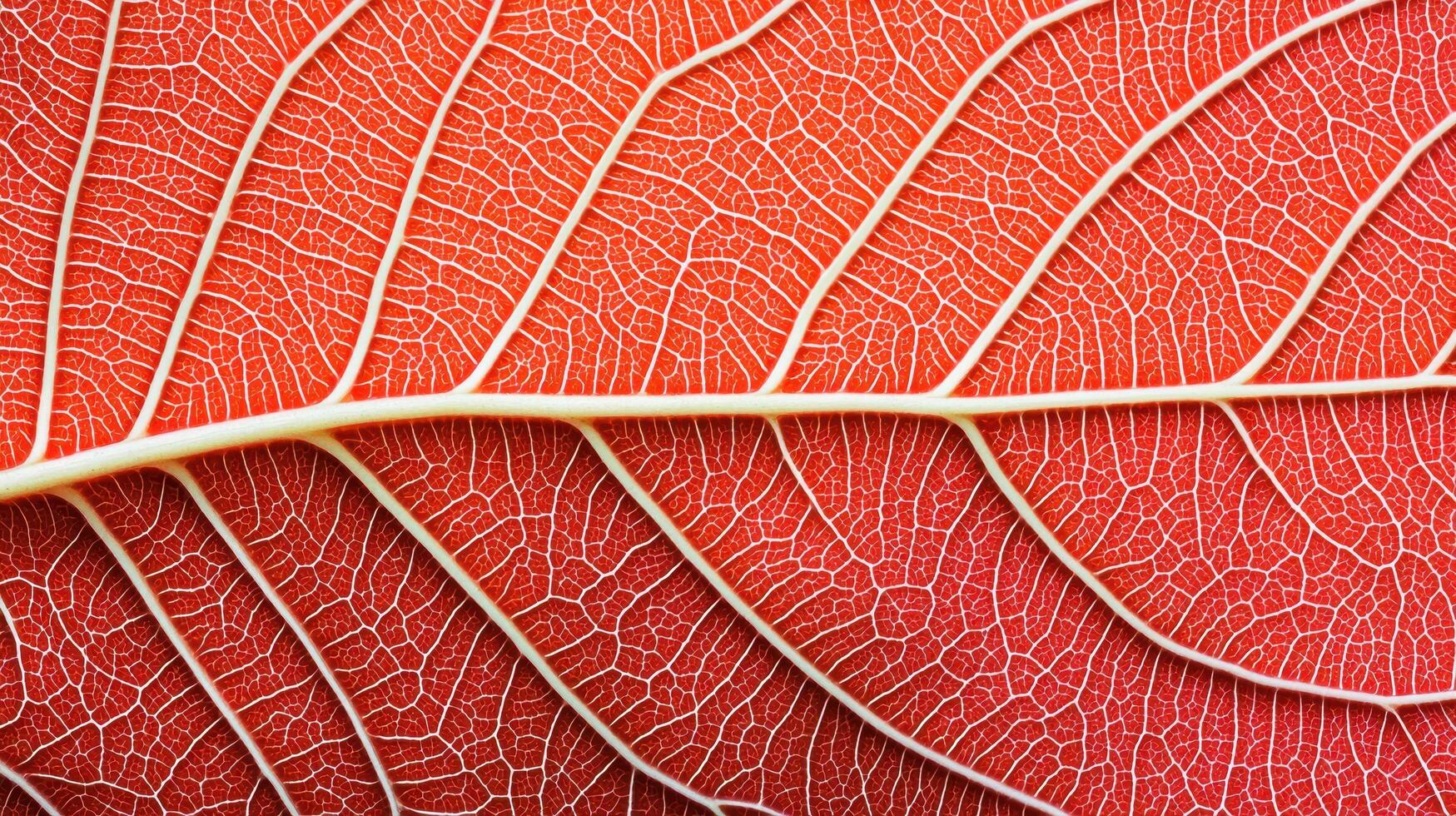 Red leaf veins close up macro texture showcasing intricate patterns of the natural vascular structure. The vibrant red color and fine details highlight organic growth and plant biology. photo