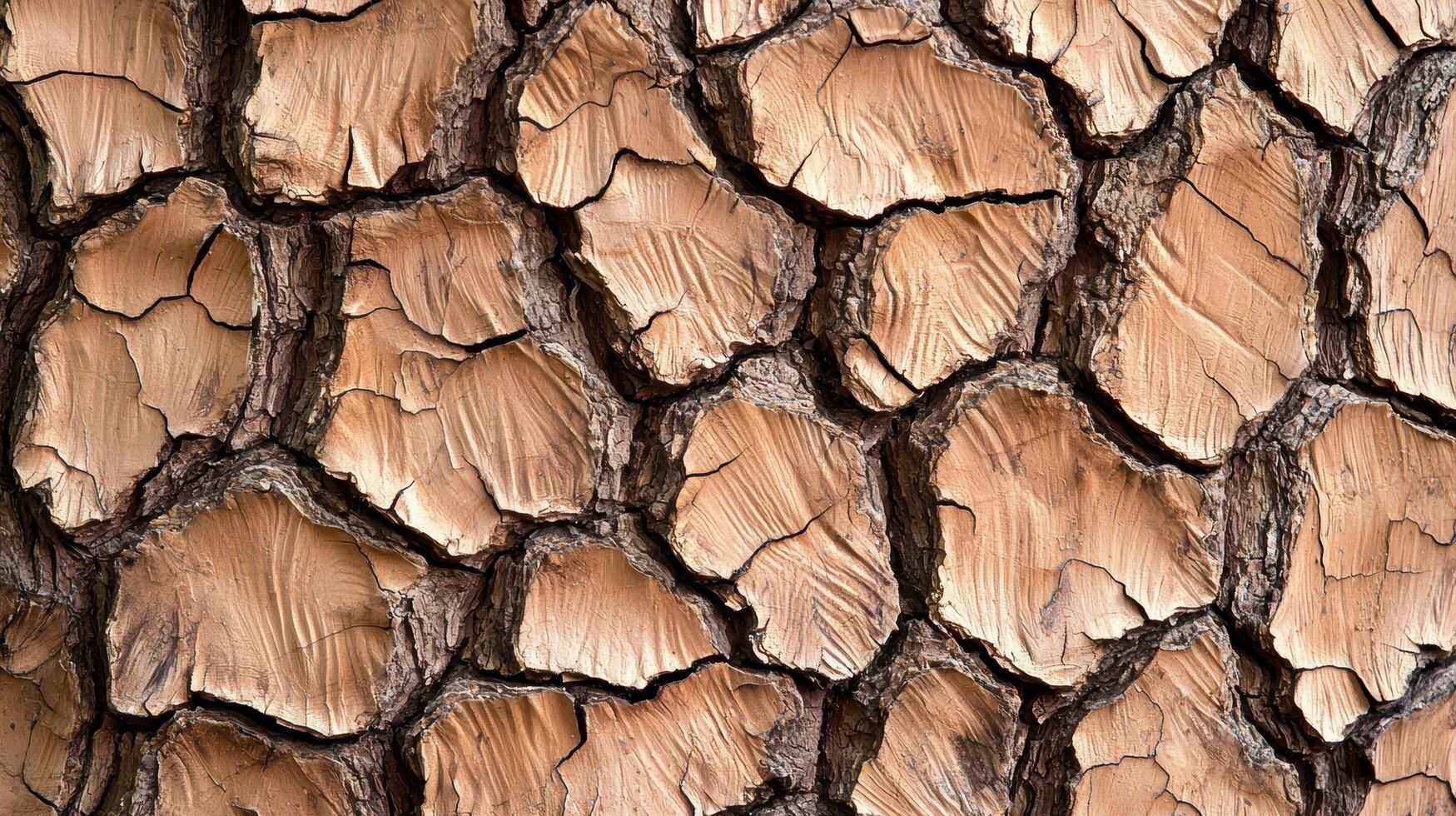 Cracked tree bark texture close up showing intricate natural patterns and rugged surface. The rough wooden texture highlights organic details and weathered appearance. photo