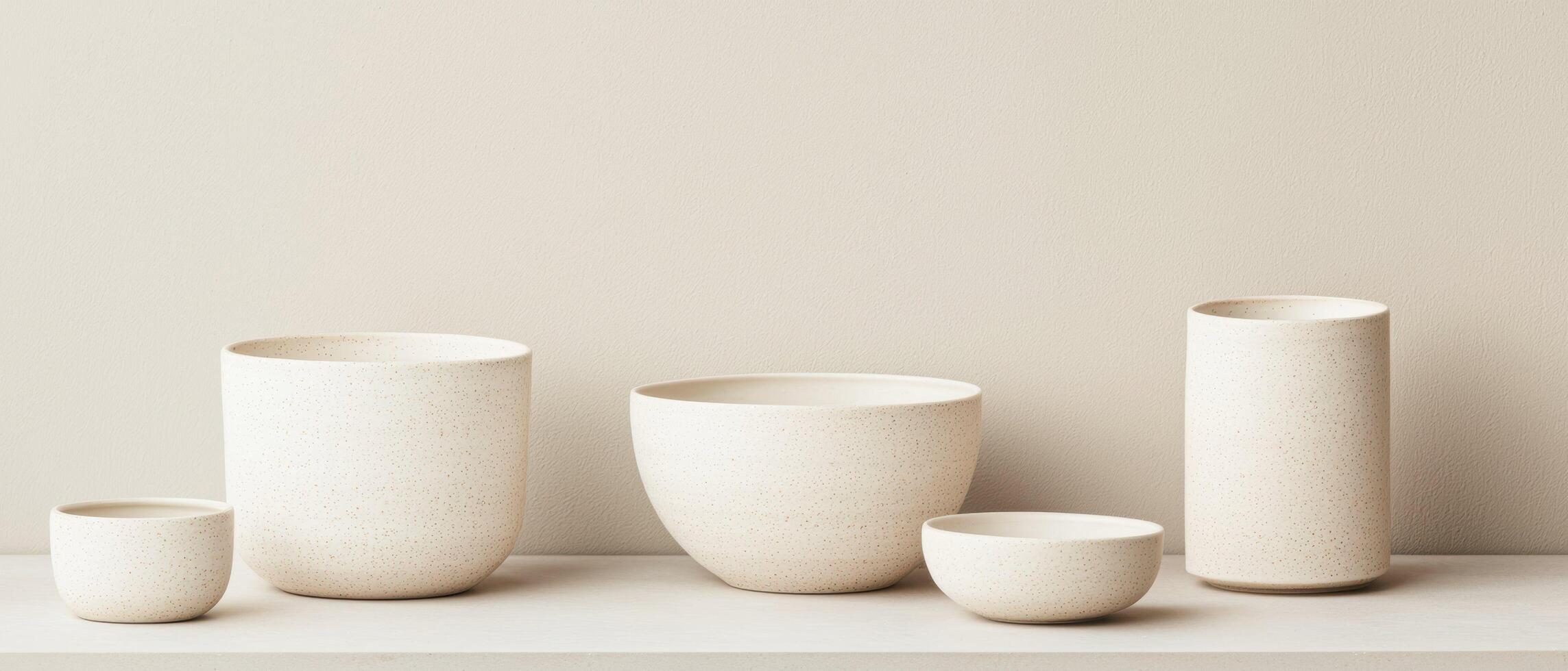 Minimalist ceramic vases and bowls arranged on a shelf against a neutral background. The modern speckled design and soft tones create a clean and elegant aesthetic for interior decor. photo