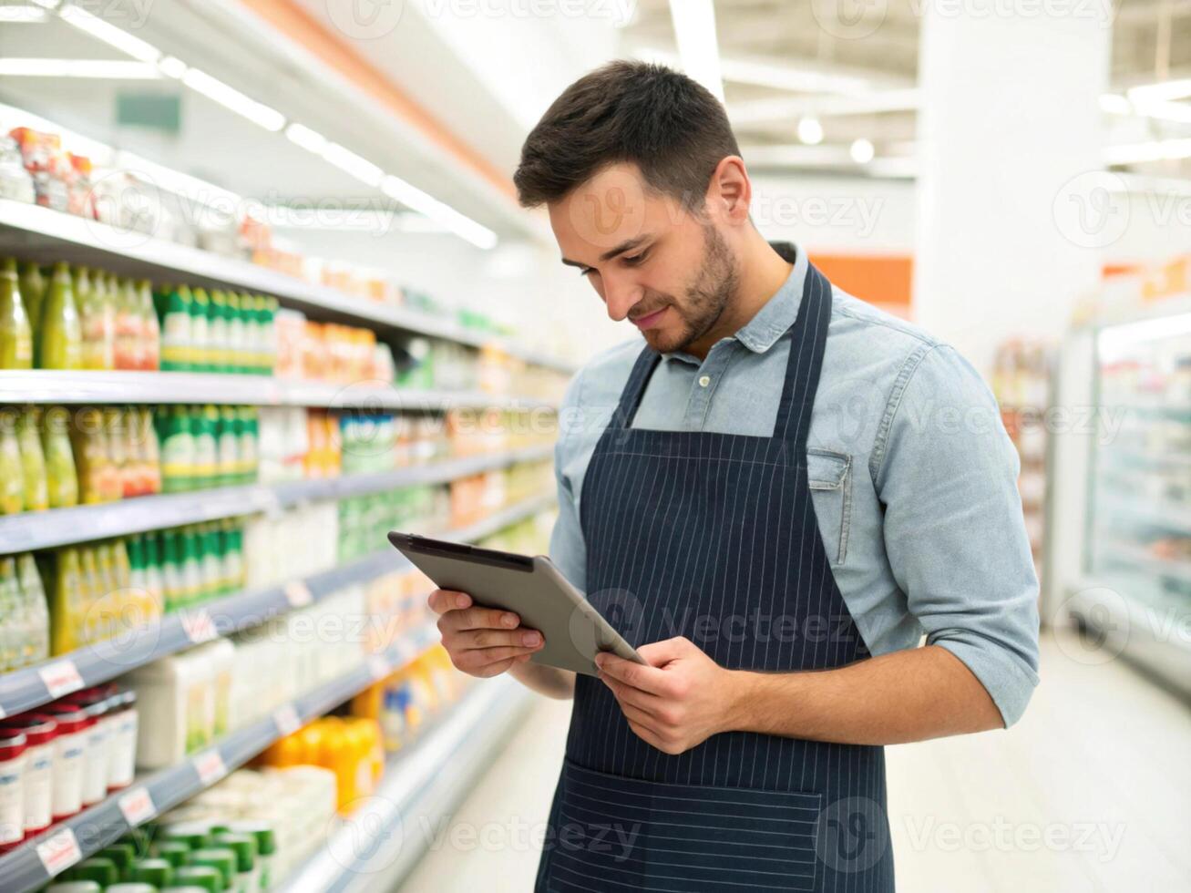 young man apron is using tablet while standing grocery store aisle filled with various products. He appears focused and photo