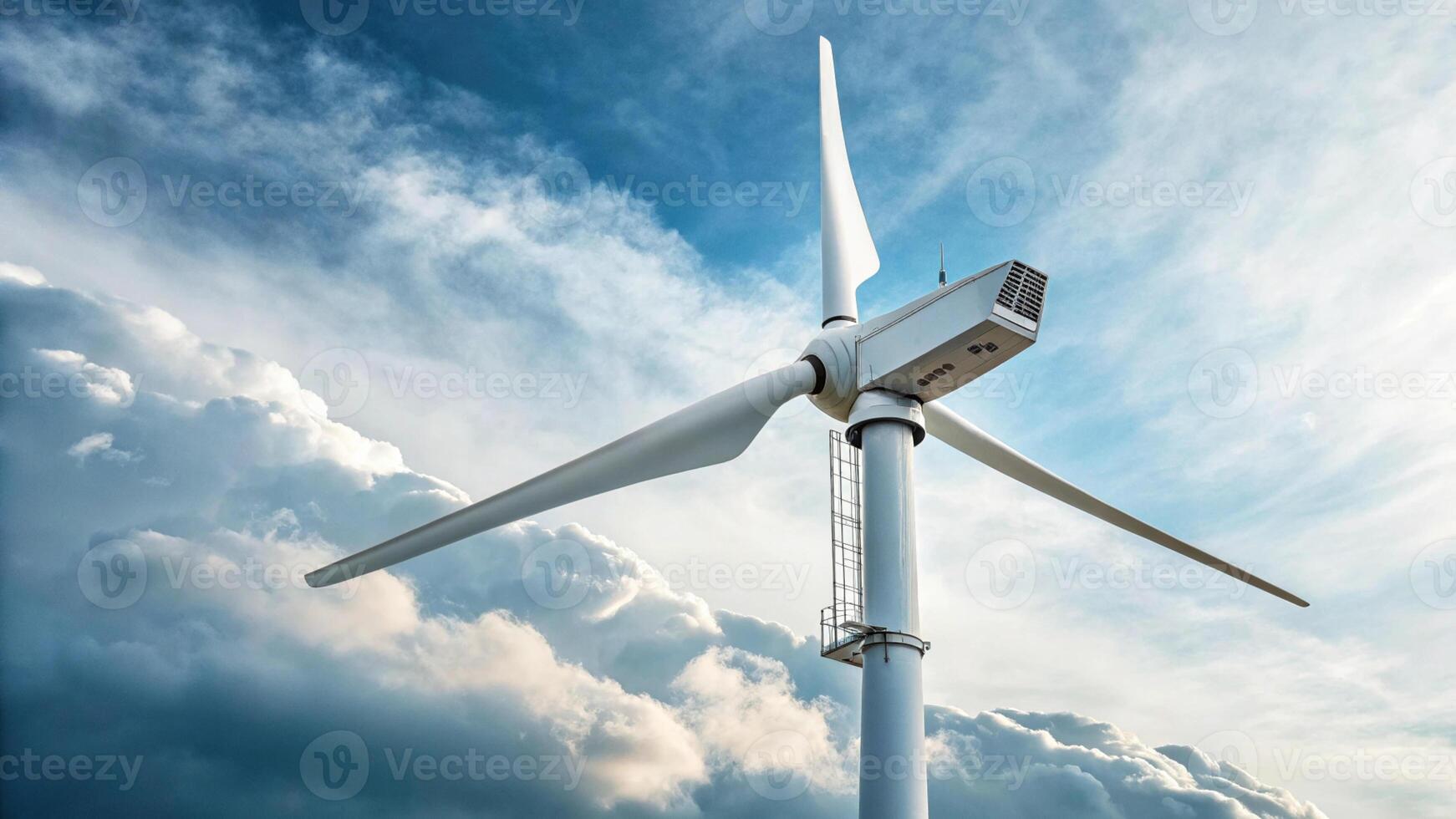 small scale residential wind turbine stands tall against backdrop of dramatic clouds, showcasing renewable energy innovation photo