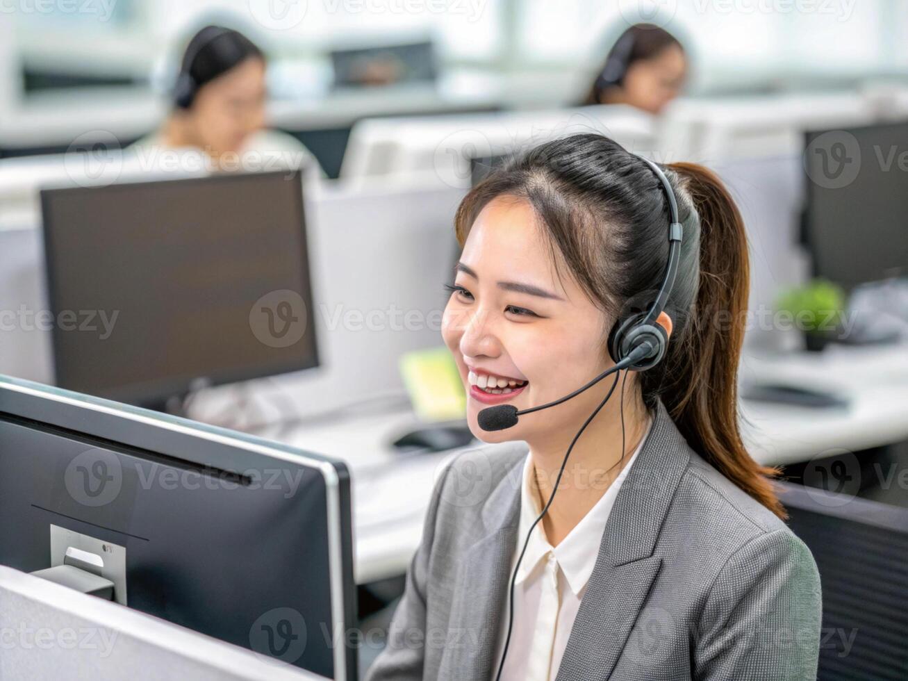A smiling woman headset provides technical support modern office environment, showcasing professionalism and customer service. photo