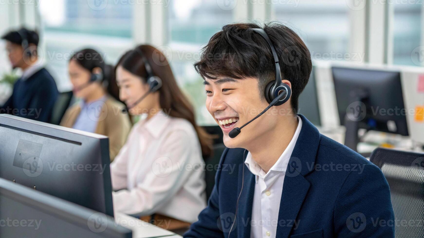 Smiling customer service representative providing technical support modern office environment, showcasing teamwork. photo