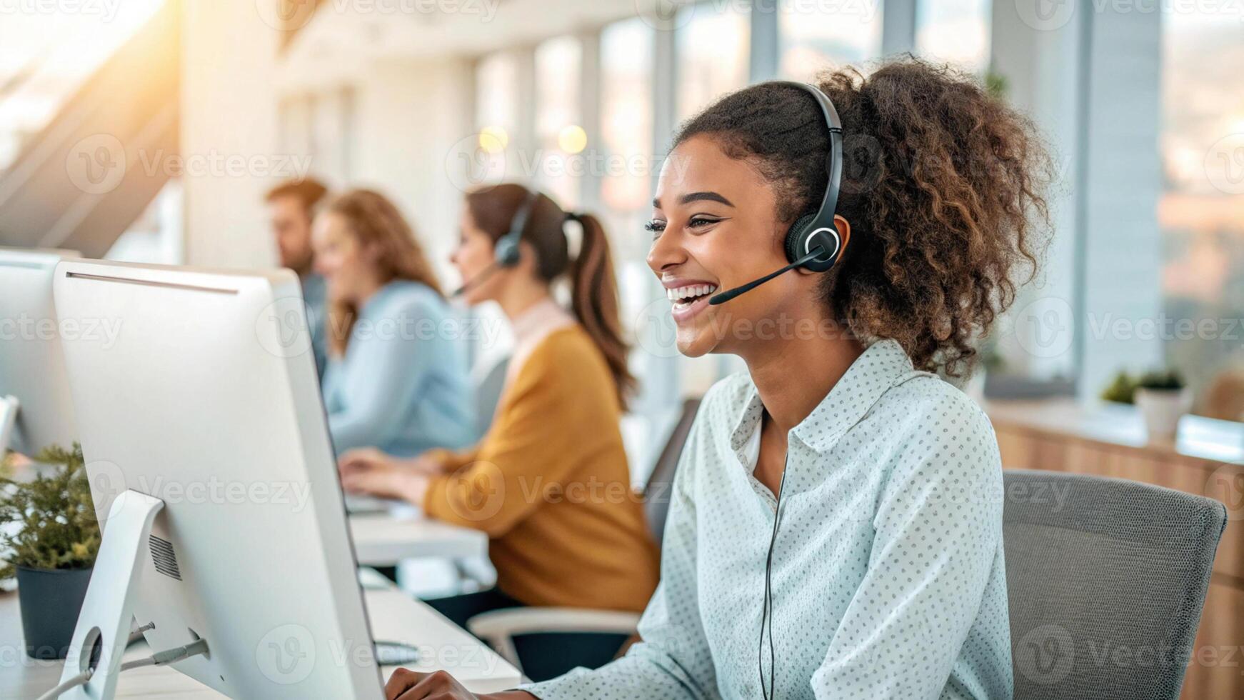 cheerful woman with curly hair is working computer modern office environment, wearing headset and providing technical support photo