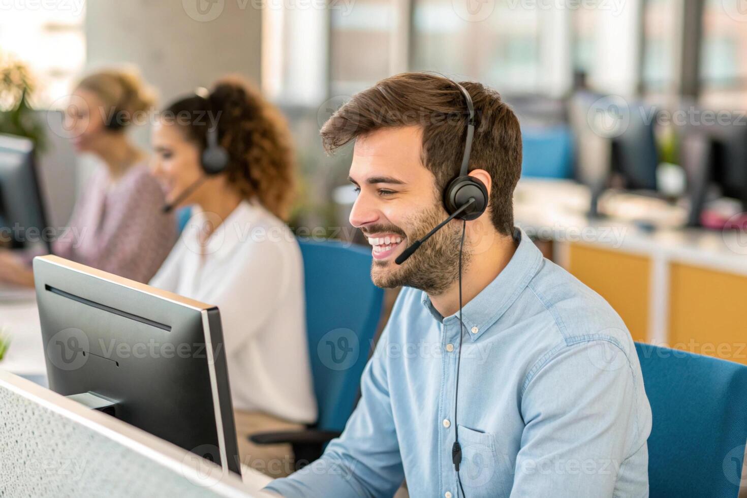 Happy customer service representative providing technical support modern office environment, showcasing teamwork photo