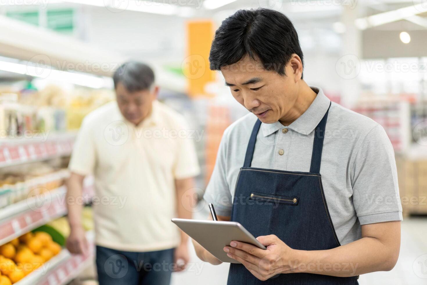 man apron is checking inventory tablet grocery store, while another customer browses nearby. atmosphere is focused and photo