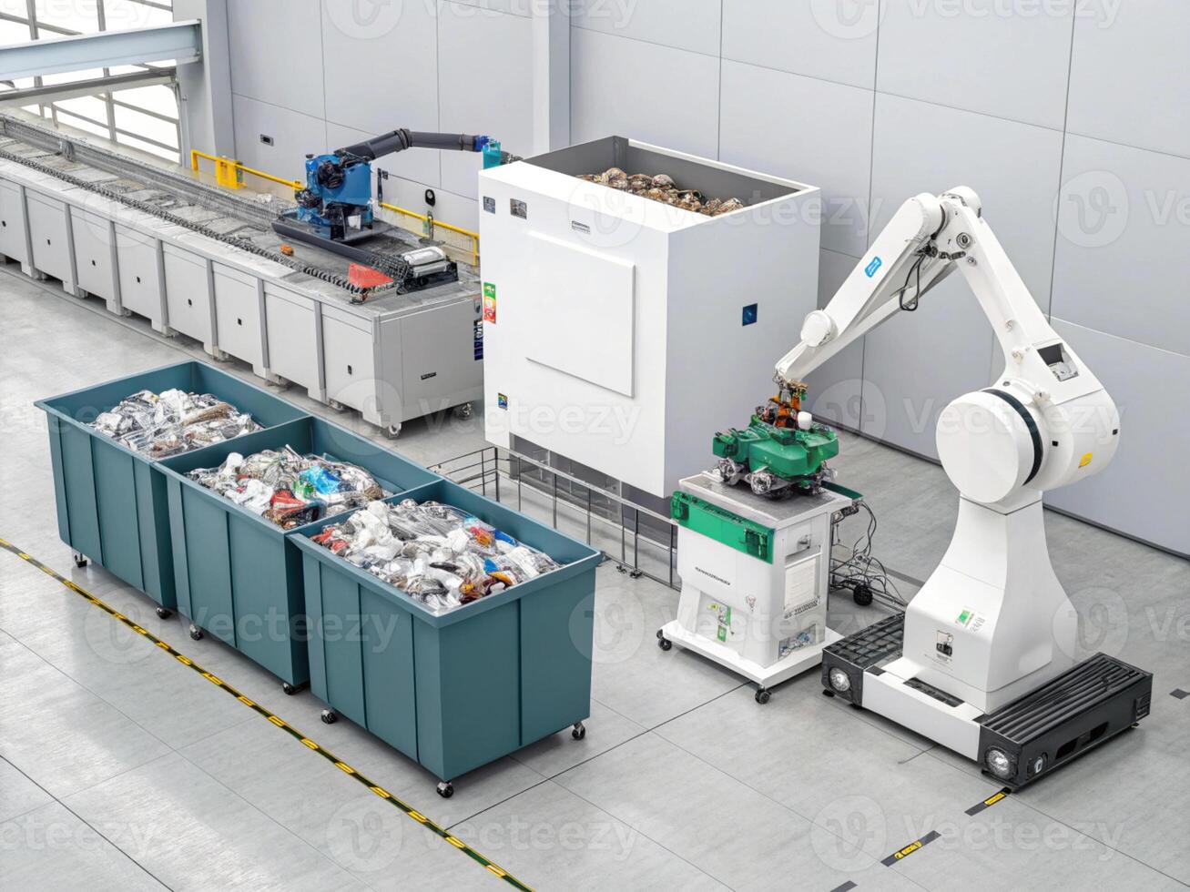 Automated waste recycling system with robotic arms sorting materials efficiently in modern facility photo