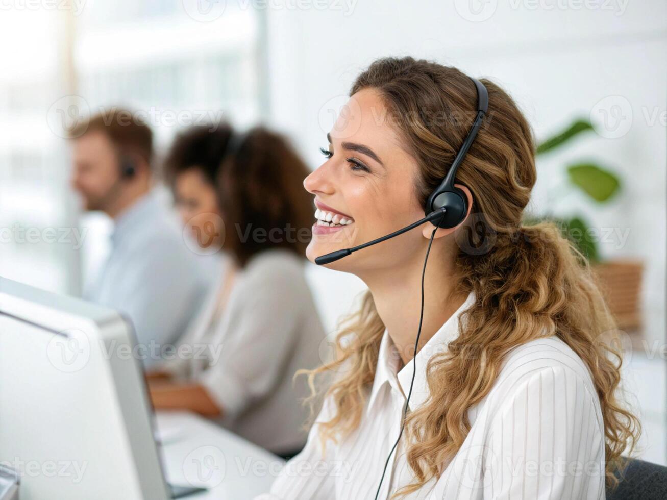A Smiling customer service representative providing technical support modern office environment, showcasing professionalism photo
