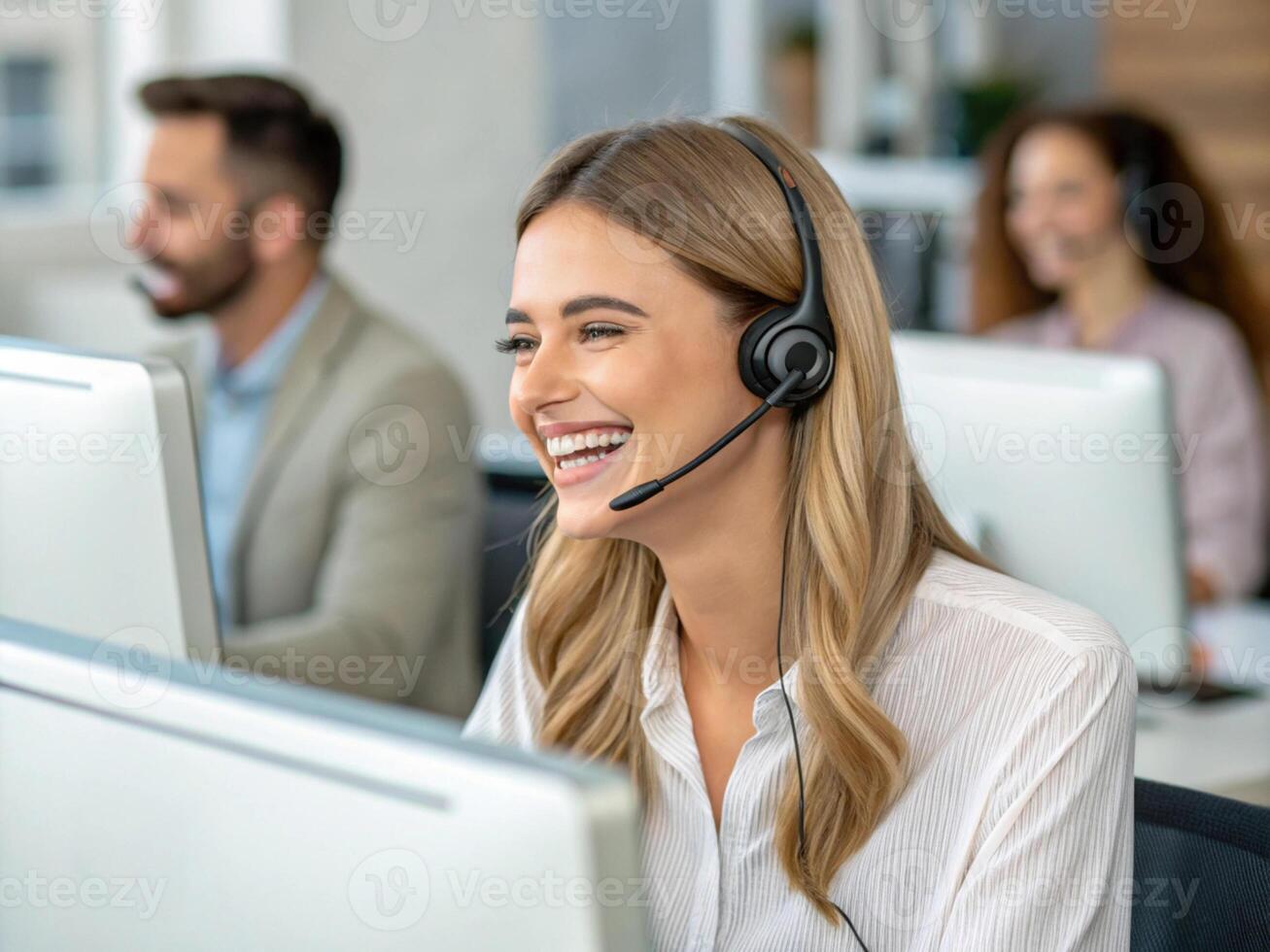 happy customer service representative wearing headset, providing technical support in modern office environment. photo