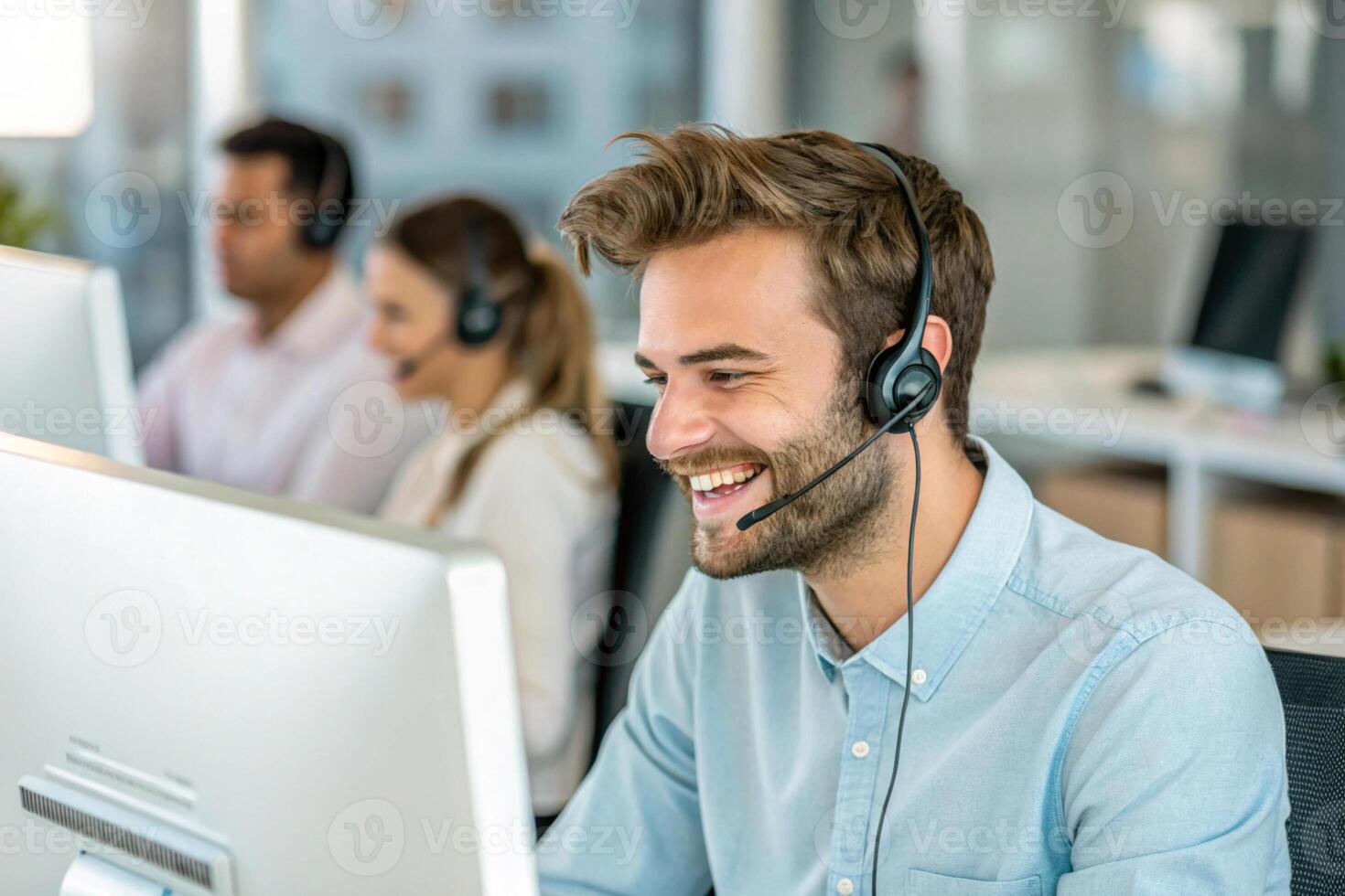 Happy customer service representative providing technical support modern office environment, showcasing teamwork. photo