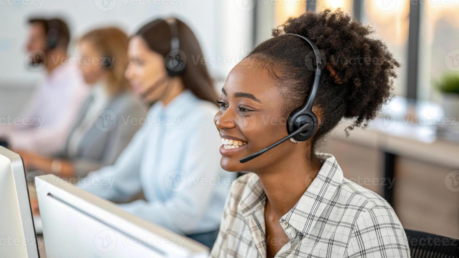 A happy customer service representative wearing headset, providing technical support in modern office environment. photo