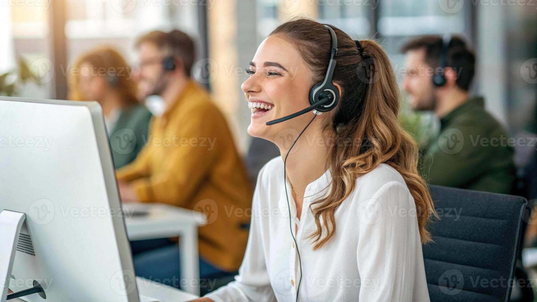 Cheerful customer service representative providing technical support modern office environment, showcasing teamwork and photo