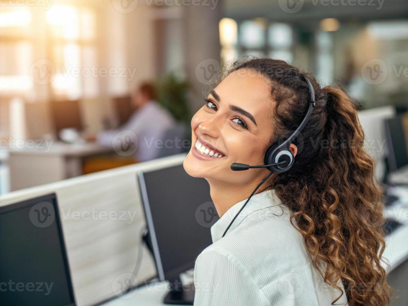 A cheerful customer service representative wearing headset, providing technical support in modern office environment photo