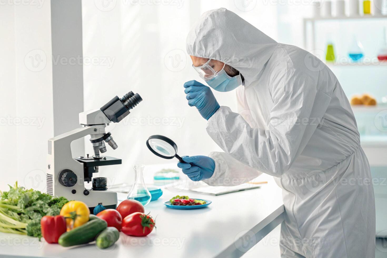 Biotechnology researcher examining fresh vegetables under microscope, showcasing intersection of science and food safety photo