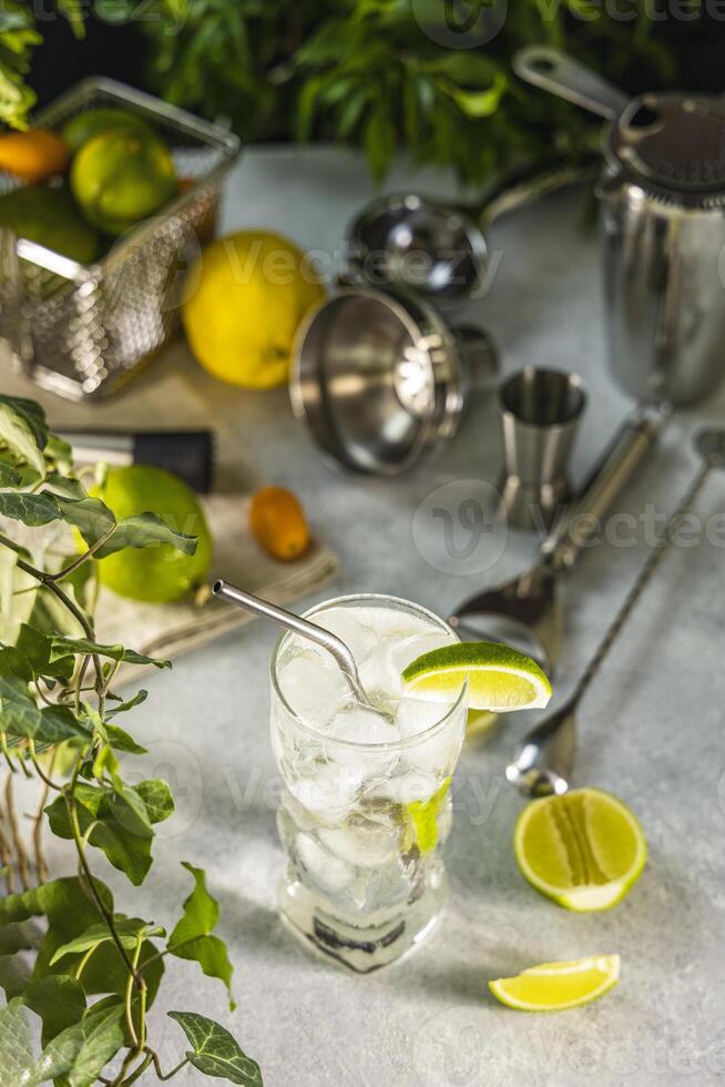 Refreshing gin and tonic cocktail prepared with metal straw, ice, and lime on table with bartender tools photo