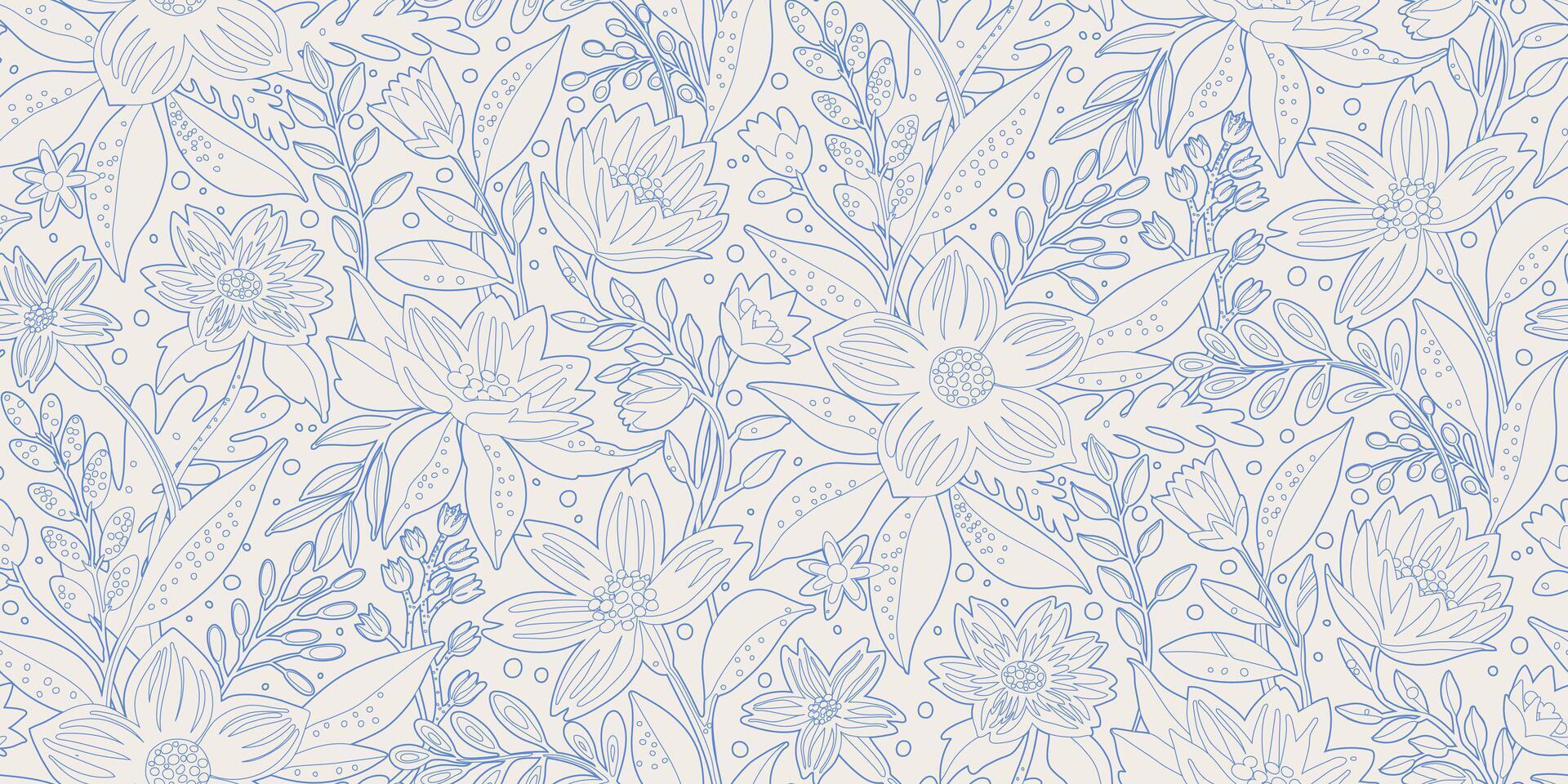 A seamless floral line-art pattern with delicate blue outlines on a light background. Ideal for wallpapers, textile designs, stationery, packaging, fabric prints, wrapping paper, greeting cards. vector