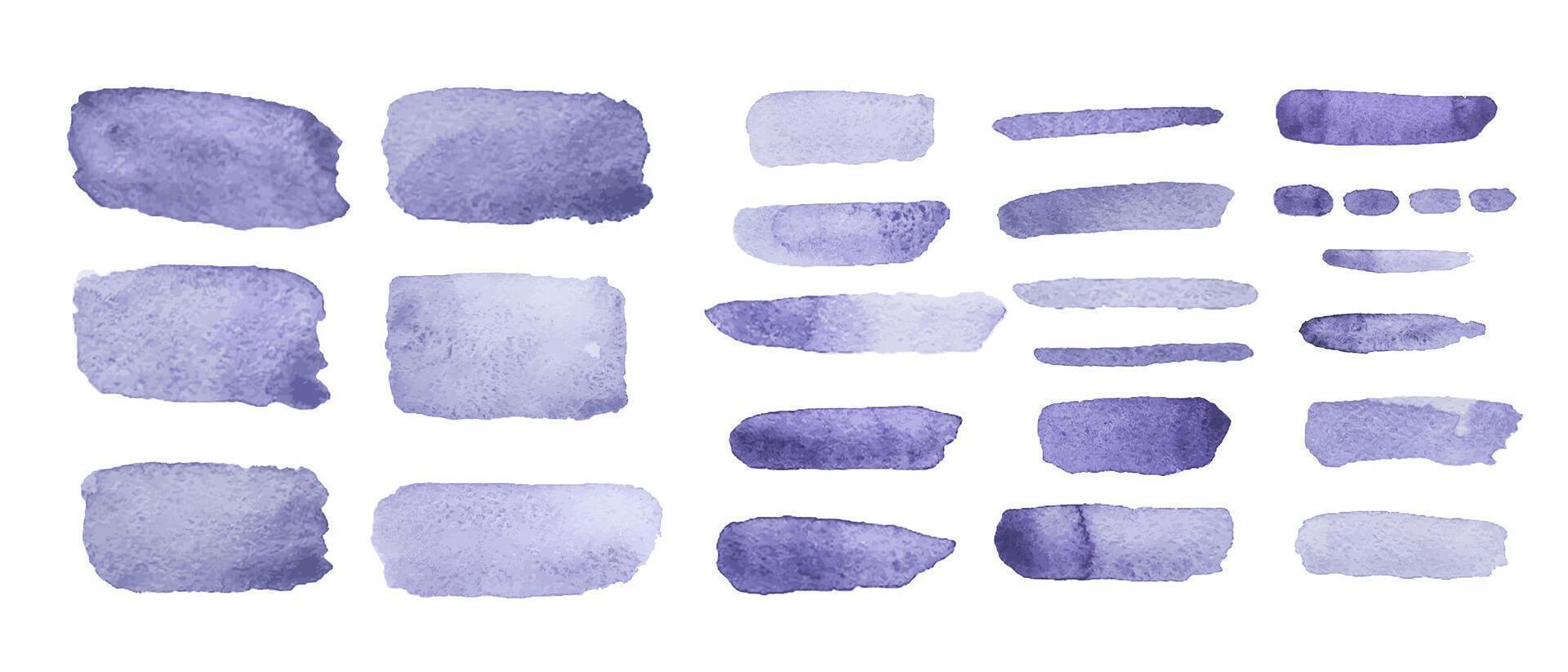 Violet watercolor brush strokes showcasing various shapes and textures for artistic inspiration vector