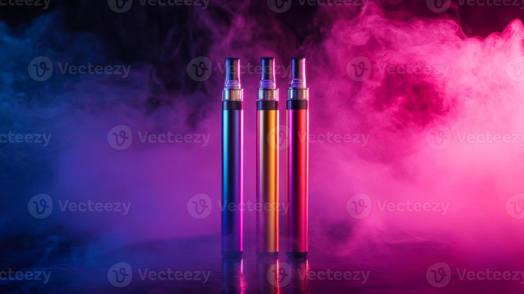 Electronic cigarettes standing on reflective surface with smoke in background photo