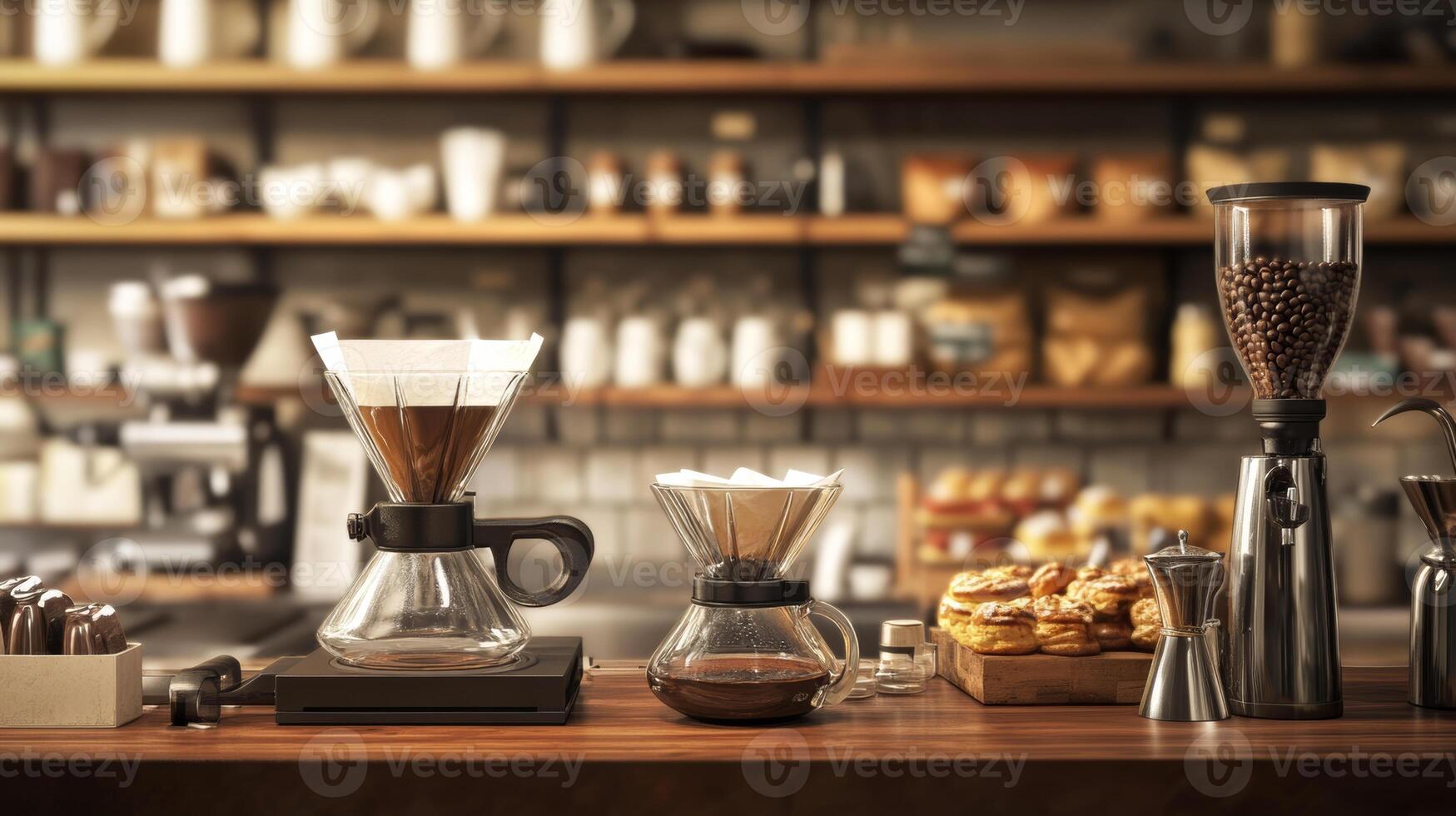Coffee brewing in modern cafe with pastries and coffee beans, small business photo