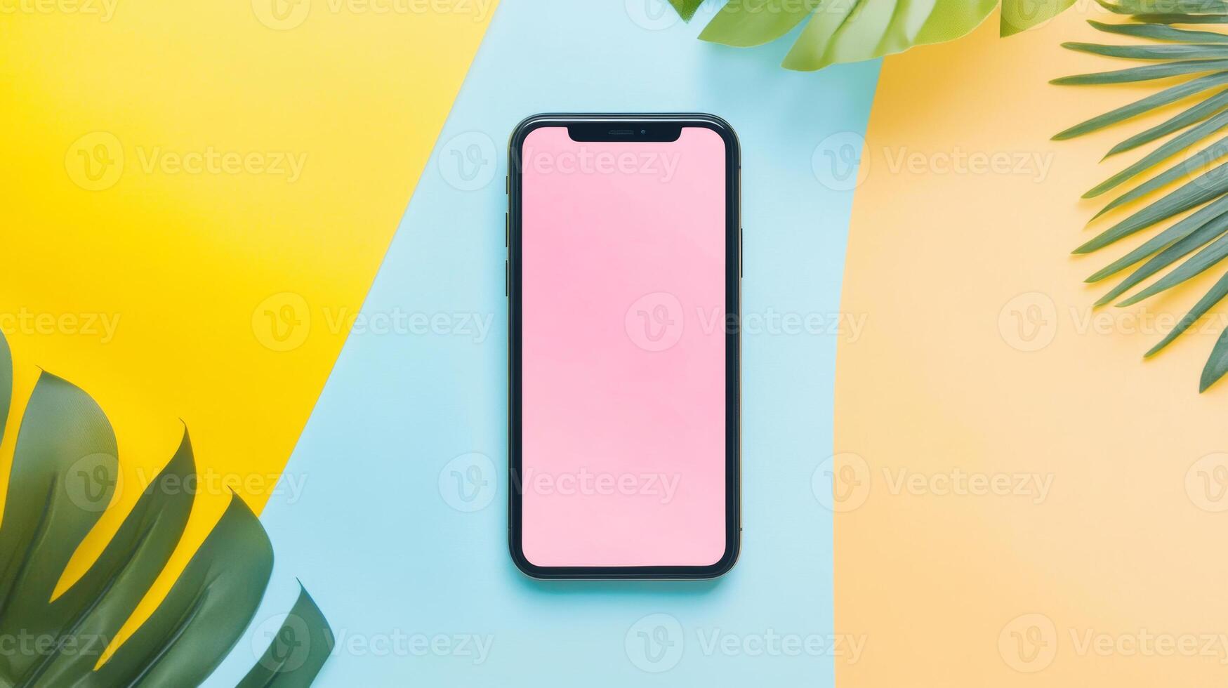 Smartphone showing pink screen on colorful background with tropical leaves photo