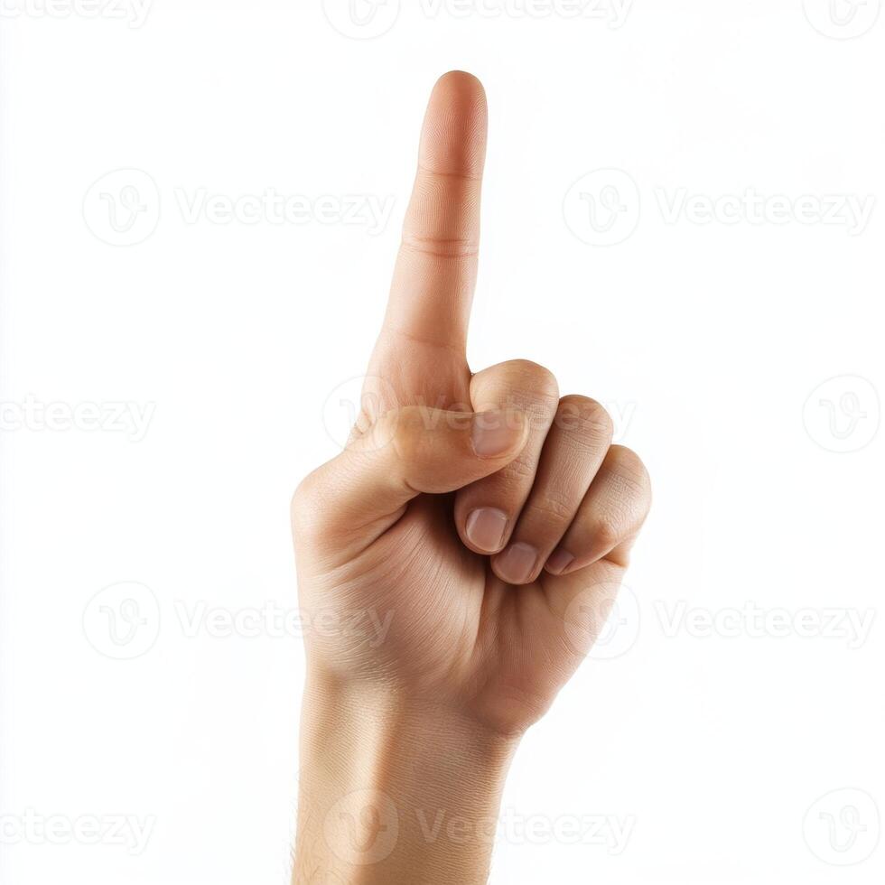 Hand pointing with index finger upwards on white background photo