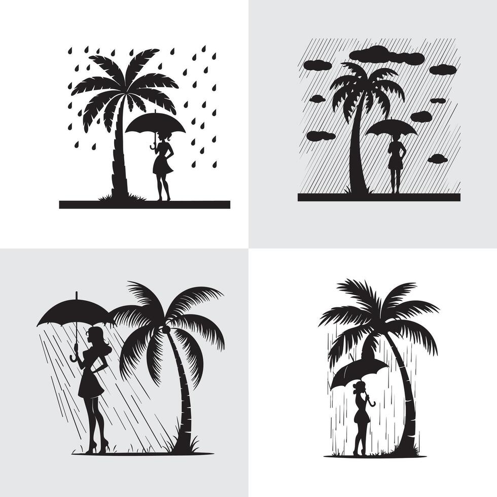 Woman with umbrella under palm tree in the rain vector