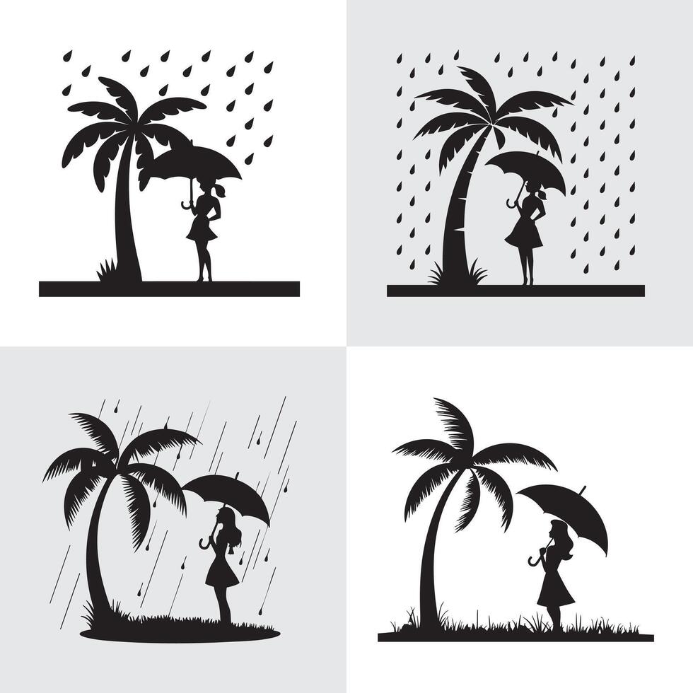 Woman with Umbrella silhouette collection in the Rain Under Palm Trees vector