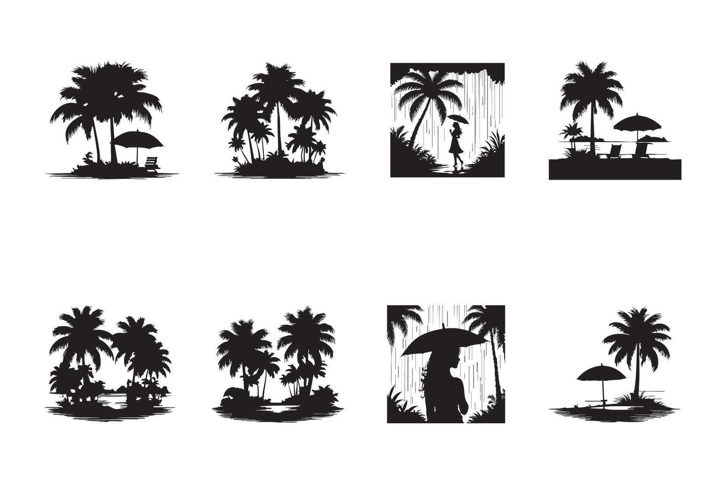 Silhouette of Palm Trees on Tropical Islands with Rain and Umbrella vector