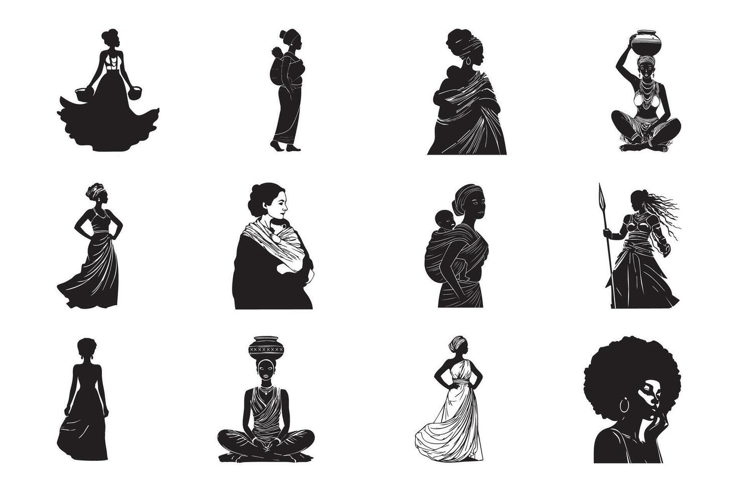 Silhouettes of elegant African women in various poses, cultural illustrations vector