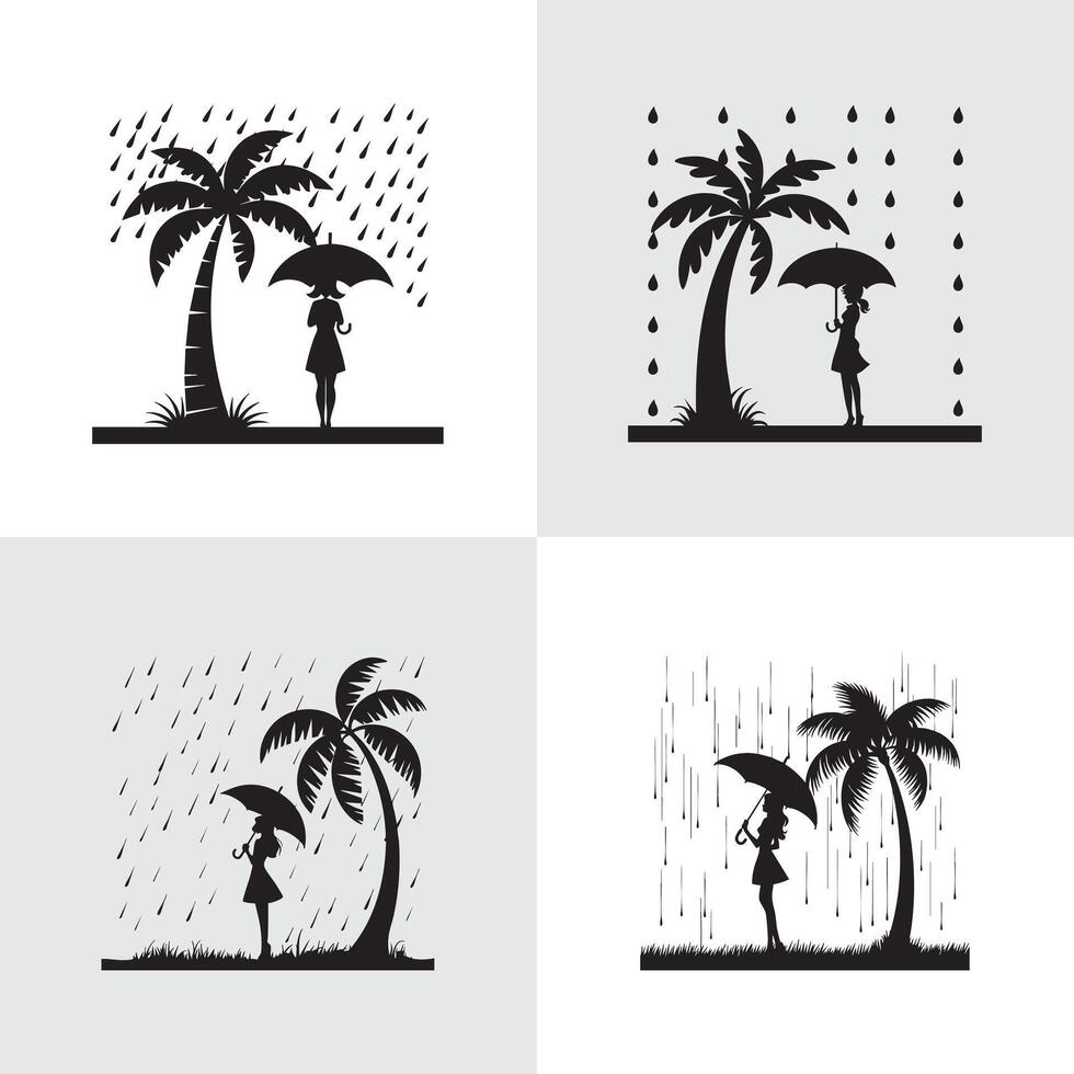 Woman with Umbrella silhouette set in the Rain Under Palm Trees vector