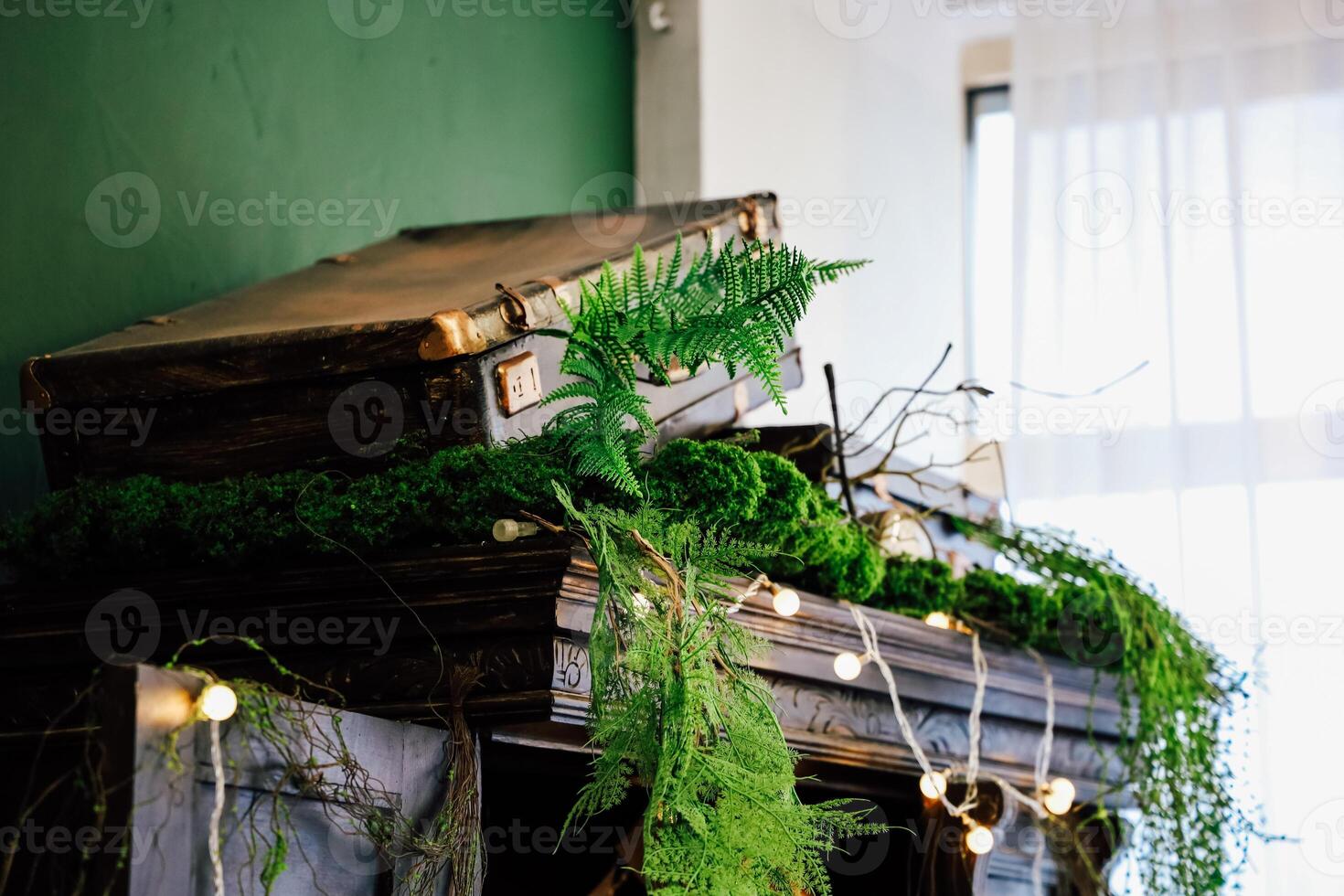 Vintage suitcase on a decorated shelf with ferns and fairy lights in a cozy room photo