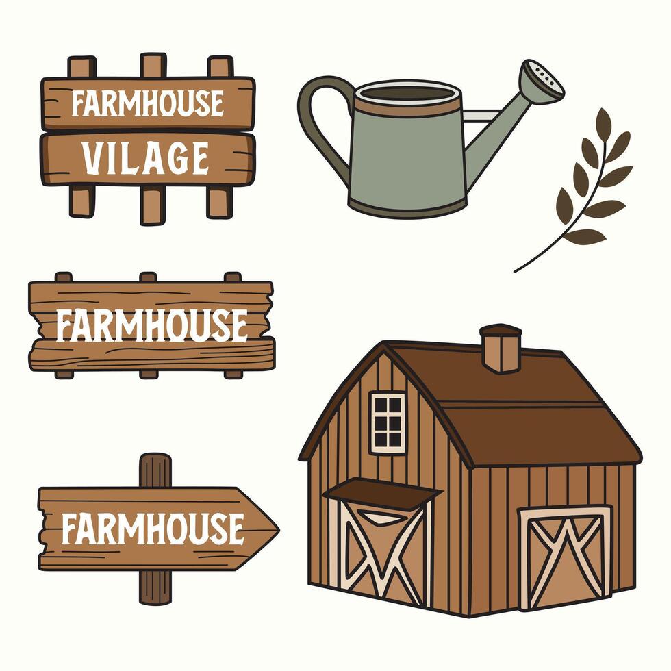 Rustic illustration set inspired by farmhouse living, featuring wooden signs, a barn, and garden elements. Great for creative rural-themed designs and cozy visual projects. vector