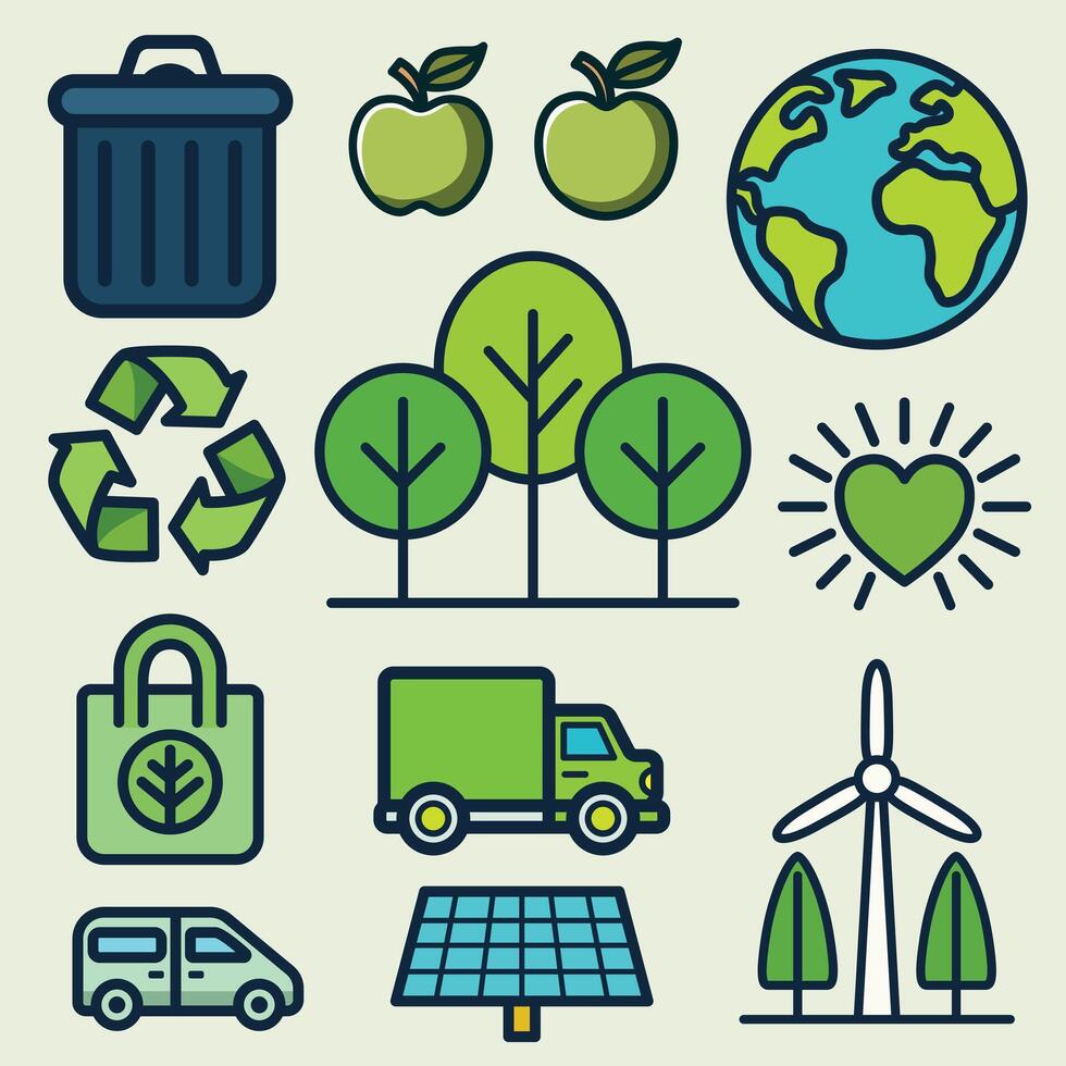 Colorful eco-themed icon set featuring symbols like recycling, trees, solar panels, and green transport. Ideal for sustainability, environment, and Earth Day designs. vector