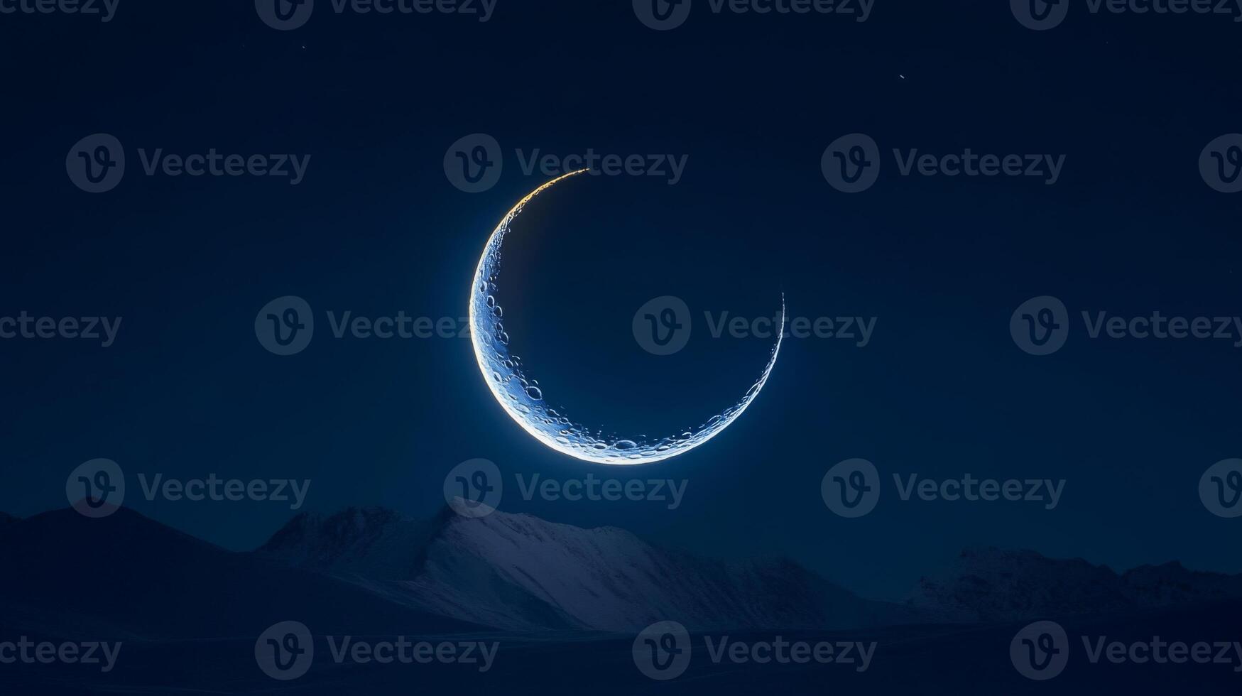 Crescent Moon in Snowy Mountain At Night photo