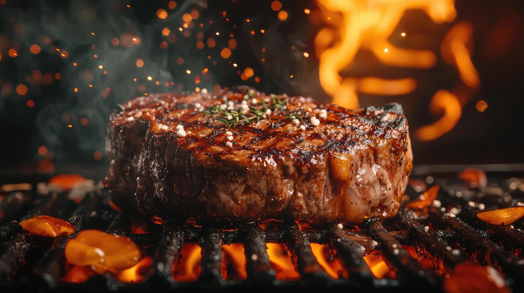 Grilled Beef Steak on Open Fire Barbecue with Seasoning and Herbs Close Up photo
