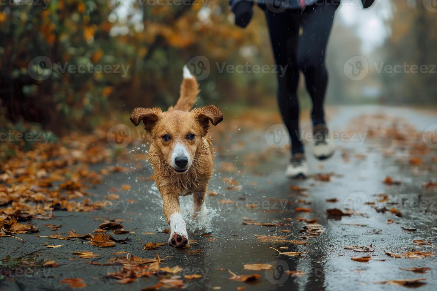 A dog runs through a puddle on a rainy autumn day, enjoying the cool air and wet leaves. photo