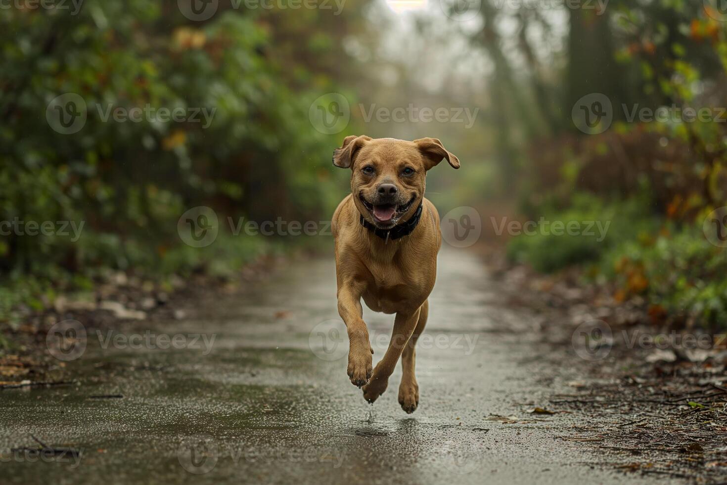 A brown dog with a happy expression runs down a forest path, enjoying a rainy day. photo