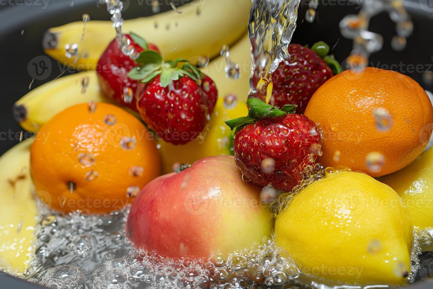 A close-up of fresh fruits being washed in a bowl of water. photo