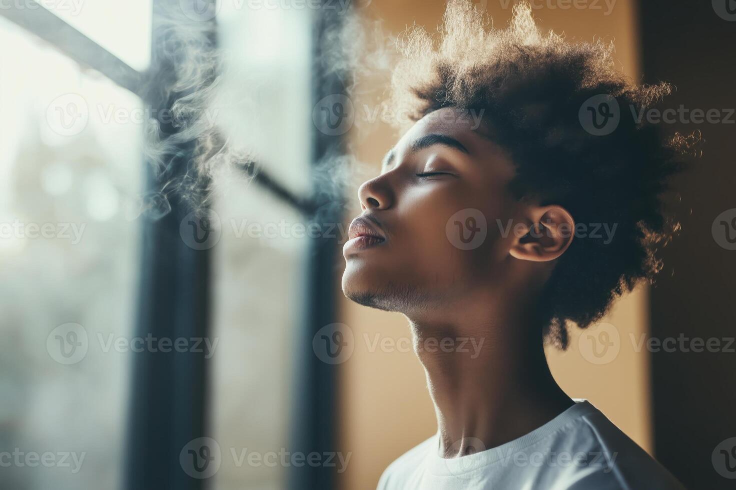 Creative writer struggles with inspiration surrounded by dark thoughts on a faded yellow background, expressing the weight of brain fog photo