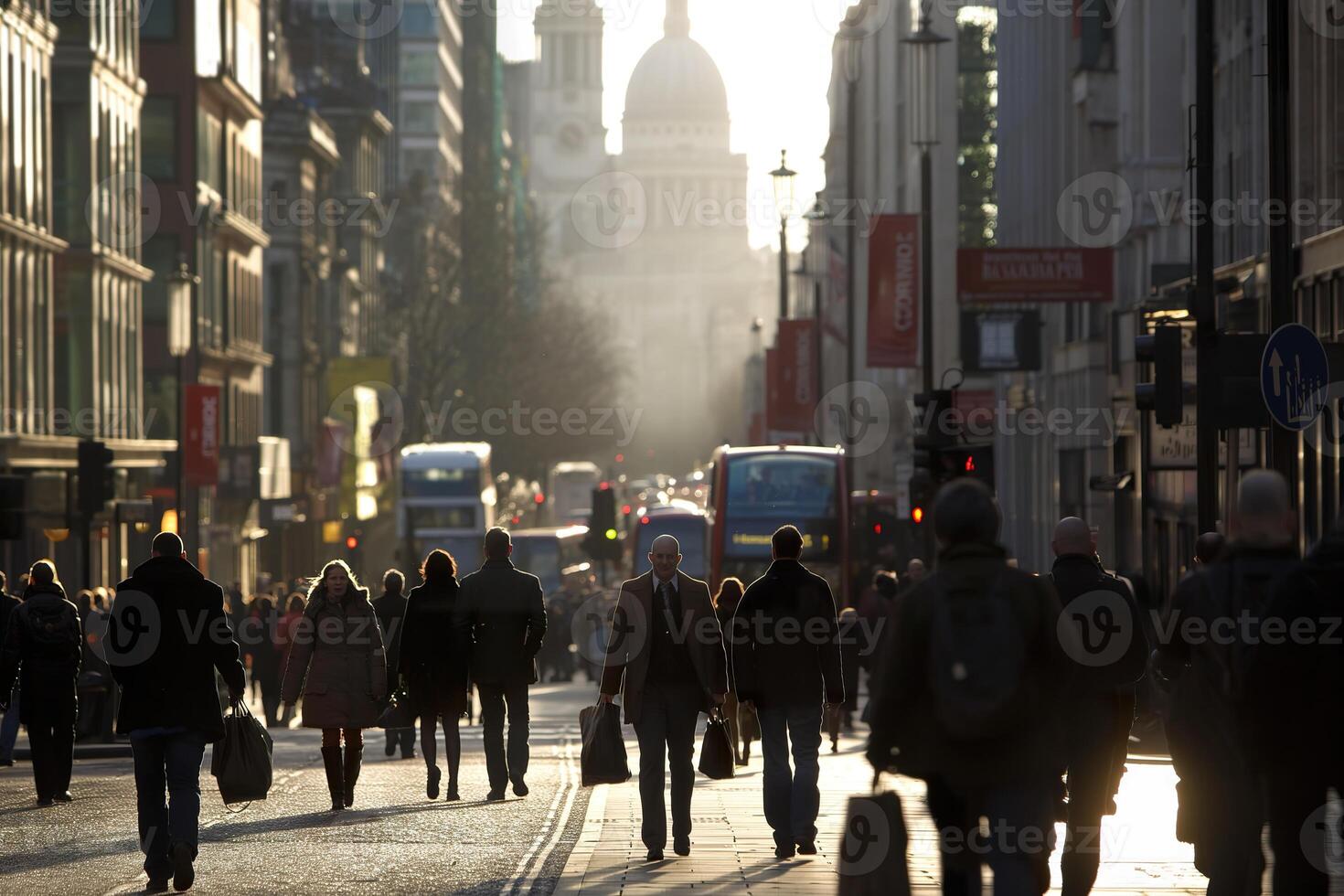 A bustling street scene in London, England, with pedestrians walking past shops and businesses. photo