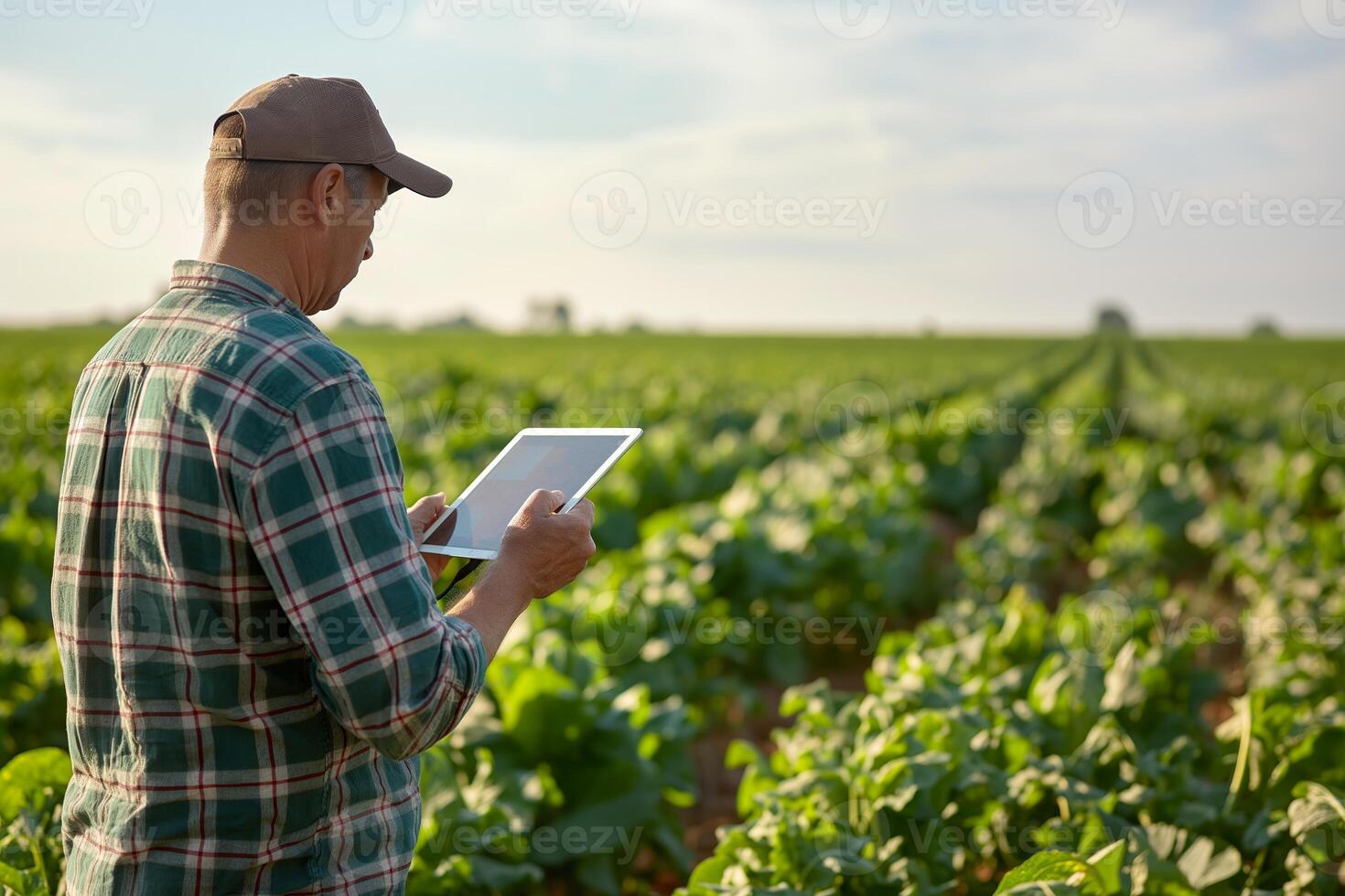 A farmer stands in a field, using a tablet to monitor crops. photo